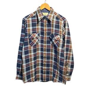 Vintage SEARS Long Sleeve Shirt Blue Brown Plaid Medium Tall